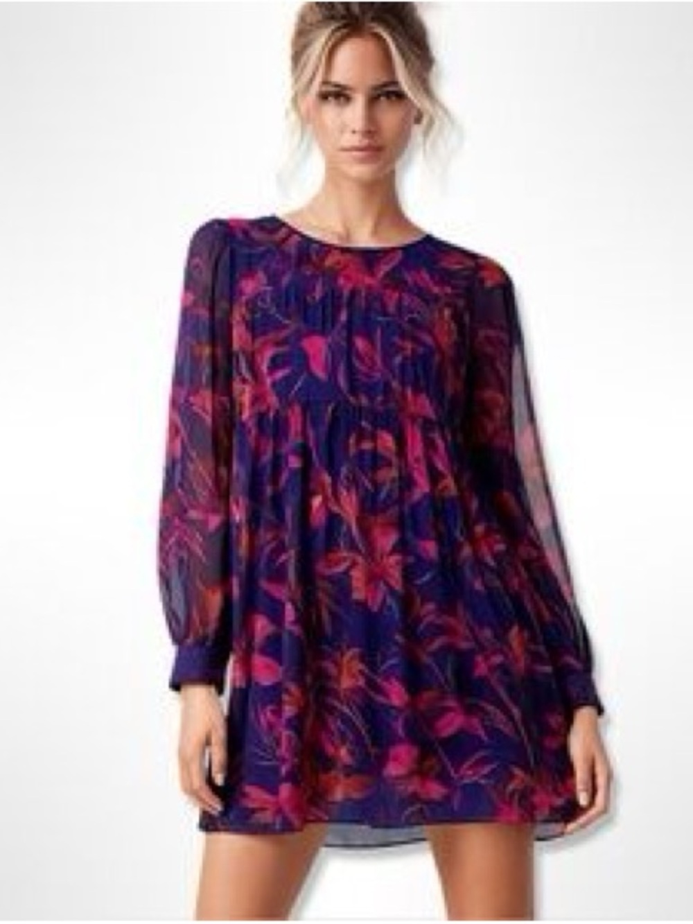 H&M Purple and Pink Floral Long-Sleeve Mini Dress